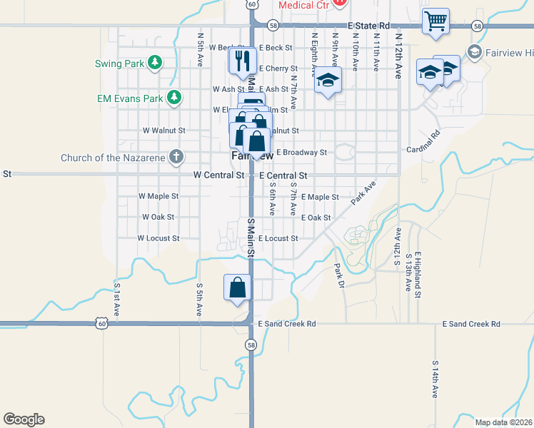 map of restaurants, bars, coffee shops, grocery stores, and more near 415 South Main Street in Fairview