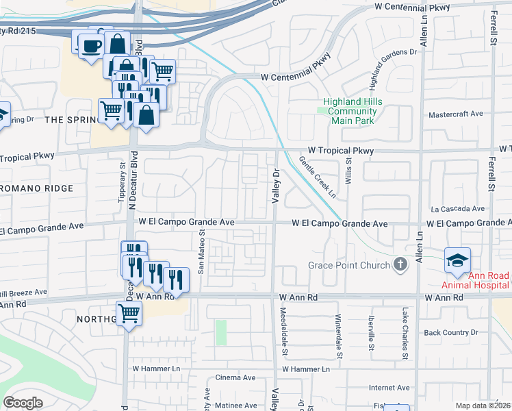 map of restaurants, bars, coffee shops, grocery stores, and more near 5855 Valley Drive in North Las Vegas