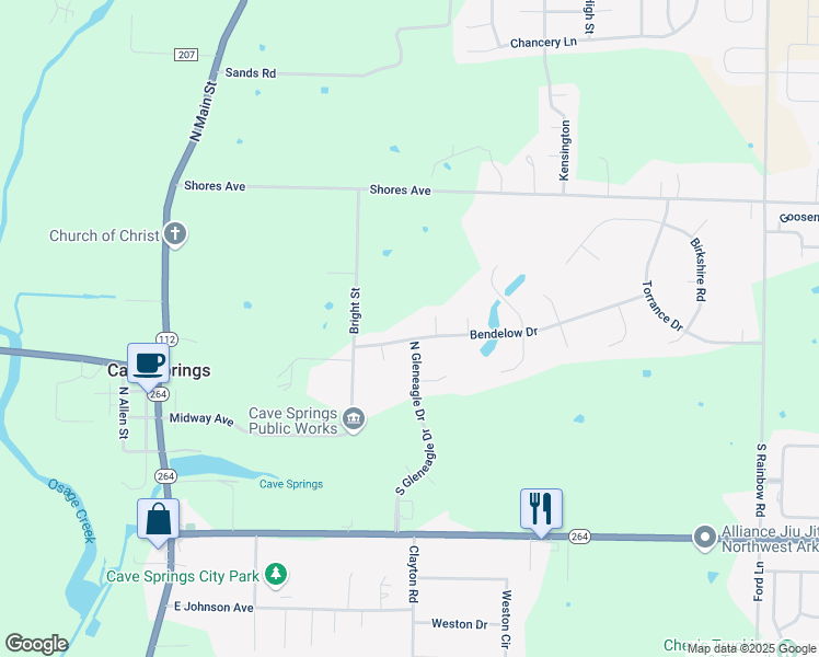 map of restaurants, bars, coffee shops, grocery stores, and more near 209 North Gleneagle Drive in Cave Springs