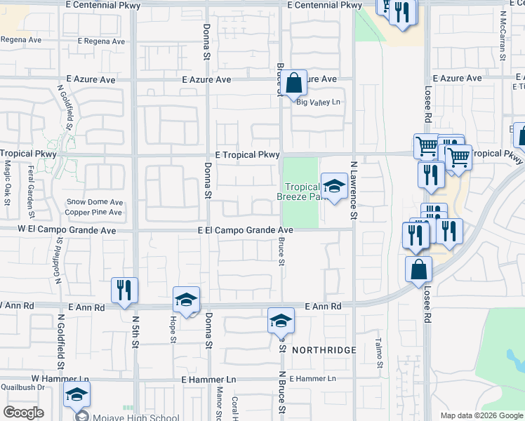 map of restaurants, bars, coffee shops, grocery stores, and more near 1212 El Campo Grande Avenue in North Las Vegas
