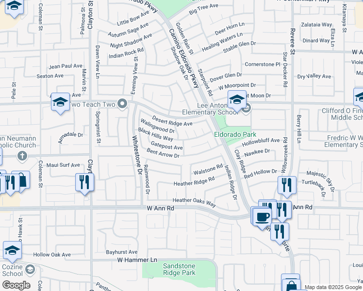 map of restaurants, bars, coffee shops, grocery stores, and more near 1536 Gatepost Avenue in North Las Vegas