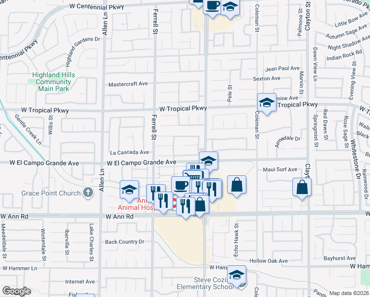 map of restaurants, bars, coffee shops, grocery stores, and more near 2935 Steppingstone Court in North Las Vegas