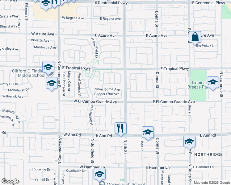 map of restaurants, bars, coffee shops, grocery stores, and more near 408 Big Cliff Avenue in North Las Vegas