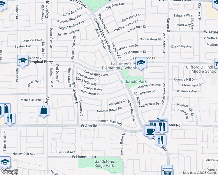 map of restaurants, bars, coffee shops, grocery stores, and more near 5802 Ponycart Lane in North Las Vegas