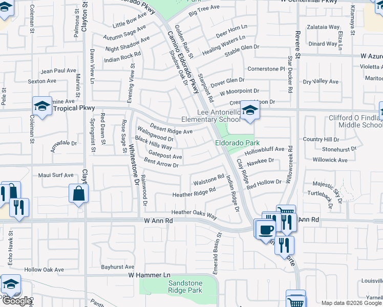 map of restaurants, bars, coffee shops, grocery stores, and more near 5802 Ponycart Lane in North Las Vegas