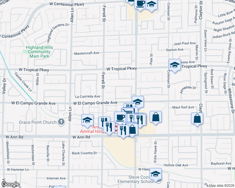 map of restaurants, bars, coffee shops, grocery stores, and more near 5828 Fern Gully Way in North Las Vegas