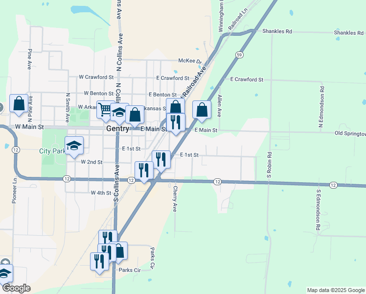 map of restaurants, bars, coffee shops, grocery stores, and more near 613 1st Avenue Northeast in Gravette