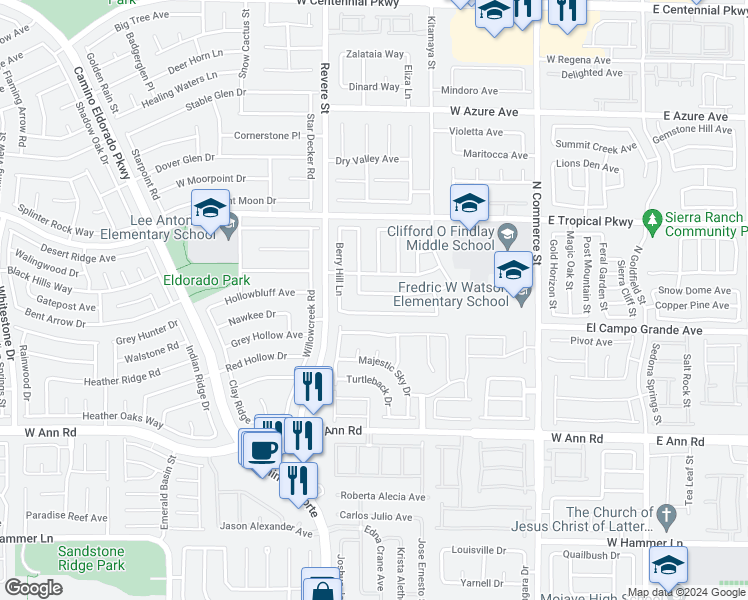 map of restaurants, bars, coffee shops, grocery stores, and more near 627 Stonehurst Drive in North Las Vegas