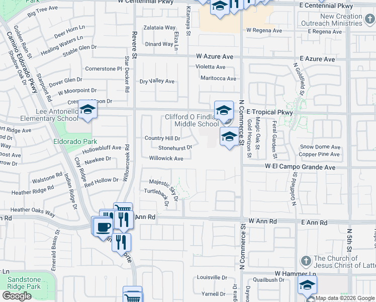 map of restaurants, bars, coffee shops, grocery stores, and more near 523 Country Hill Drive in North Las Vegas