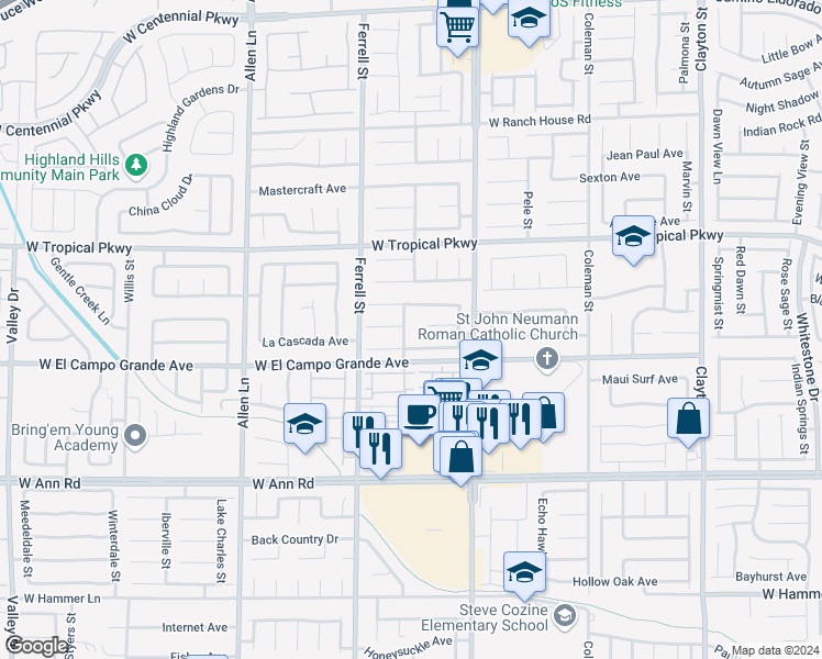 map of restaurants, bars, coffee shops, grocery stores, and more near 5828 Fern Gully Way in North Las Vegas
