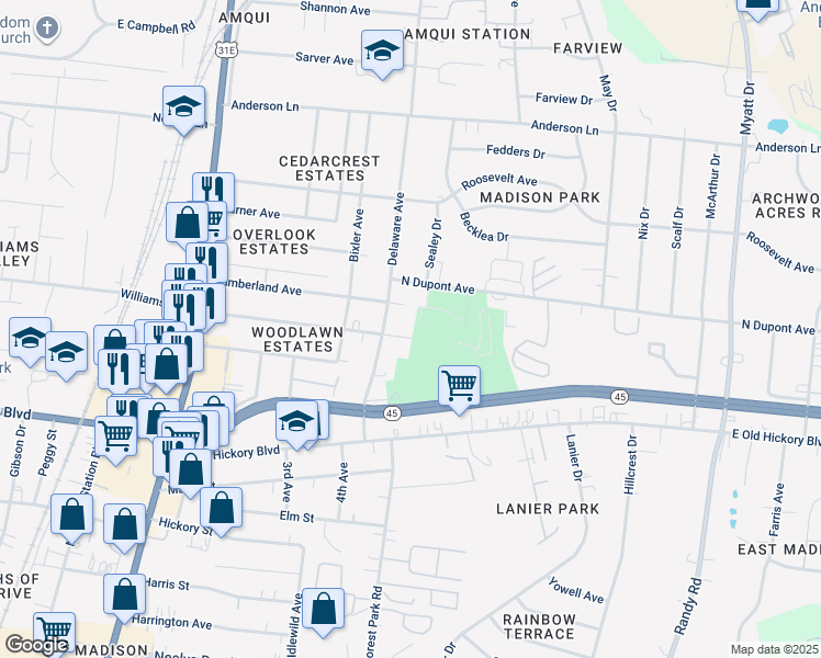 map of restaurants, bars, coffee shops, grocery stores, and more near 555 Dupont Avenue in Nashville