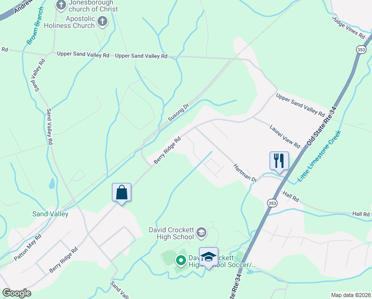 map of restaurants, bars, coffee shops, grocery stores, and more near 458 Berry Ridge Road in Jonesborough