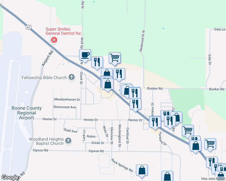 map of restaurants, bars, coffee shops, grocery stores, and more near 1420 U.S. 62 in Harrison