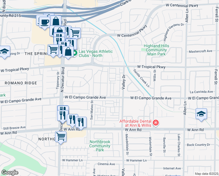 map of restaurants, bars, coffee shops, grocery stores, and more near 5855 Valley Drive in North Las Vegas