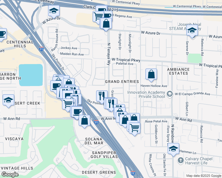 map of restaurants, bars, coffee shops, grocery stores, and more near 5749 Grand Entries Drive in Las Vegas