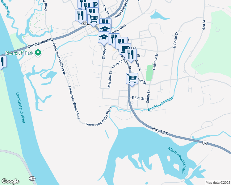 map of restaurants, bars, coffee shops, grocery stores, and more near 105 Hale Street in Ashland City