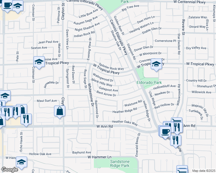 map of restaurants, bars, coffee shops, grocery stores, and more near 1653 Black Hills Way in North Las Vegas