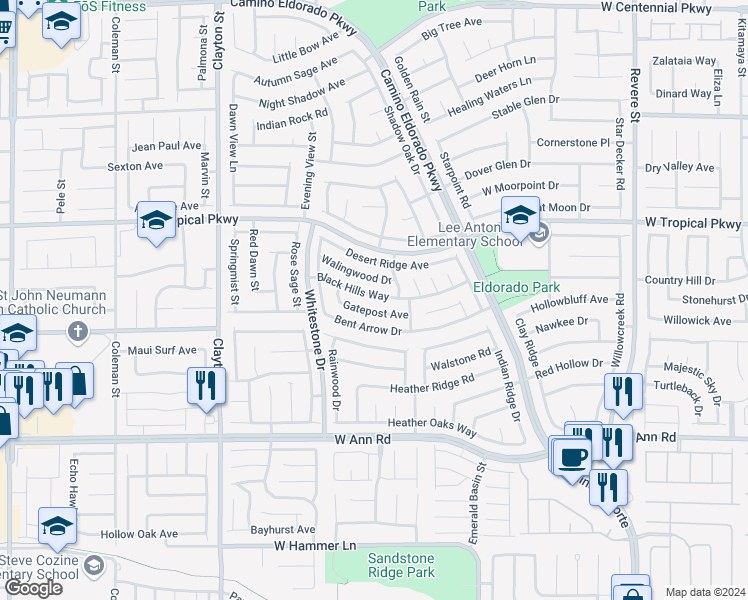 map of restaurants, bars, coffee shops, grocery stores, and more near 1653 Black Hills Way in North Las Vegas