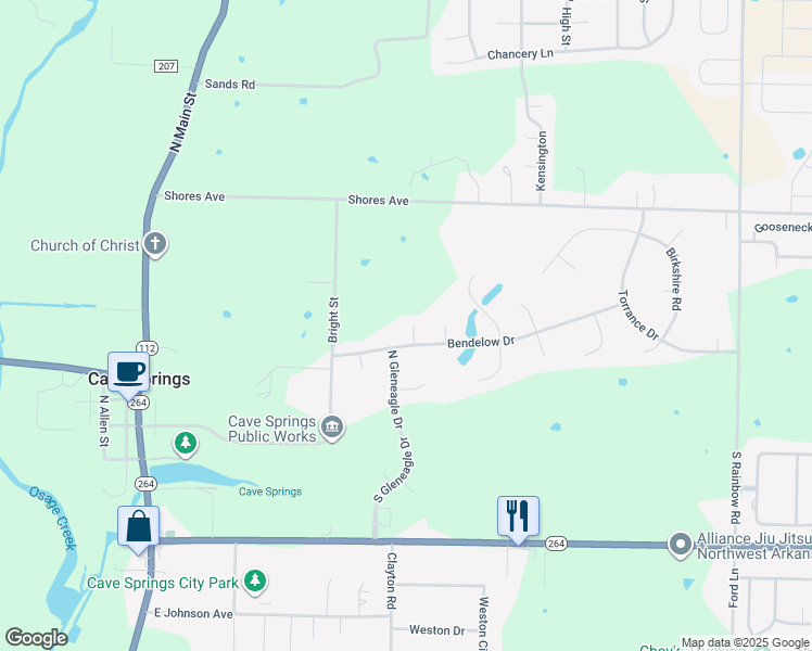 map of restaurants, bars, coffee shops, grocery stores, and more near 302 Henning Circle in Cave Springs