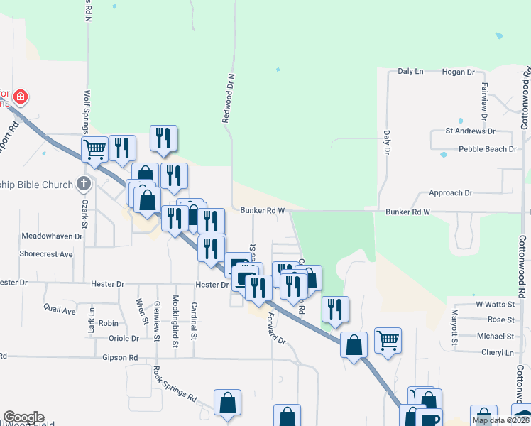 map of restaurants, bars, coffee shops, grocery stores, and more near 2541 Bunker Road West in Harrison