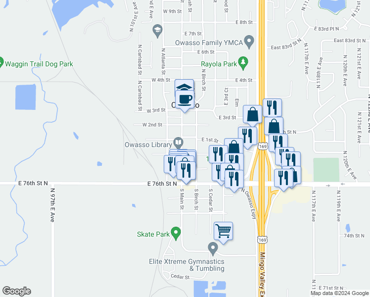 map of restaurants, bars, coffee shops, grocery stores, and more near 101 East Broadway Street in Owasso
