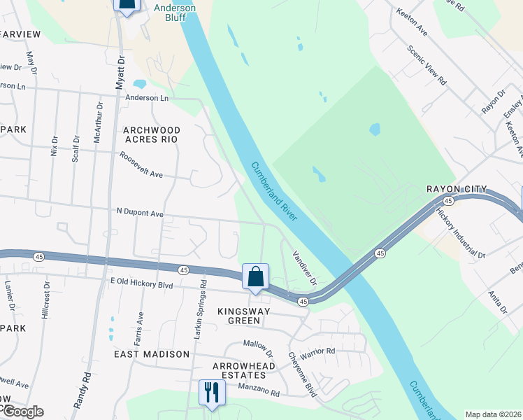 map of restaurants, bars, coffee shops, grocery stores, and more near 216 Rio Vista Drive in Nashville