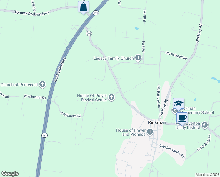 map of restaurants, bars, coffee shops, grocery stores, and more near 279 E Wilmouth Rd in Cookeville