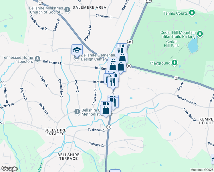 map of restaurants, bars, coffee shops, grocery stores, and more near 1111 Darbytown Drive in Nashville