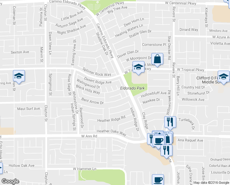 map of restaurants, bars, coffee shops, grocery stores, and more near 1415 Black Hills Way in North Las Vegas