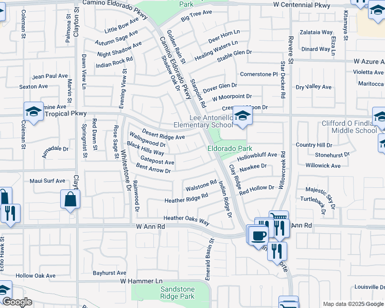 map of restaurants, bars, coffee shops, grocery stores, and more near 1415 Black Hills Way in North Las Vegas