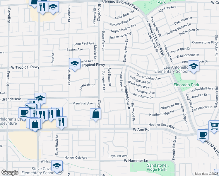 map of restaurants, bars, coffee shops, grocery stores, and more near 5846 Springmist Street in North Las Vegas