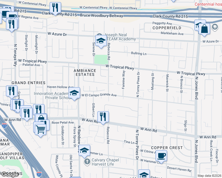 map of restaurants, bars, coffee shops, grocery stores, and more near 5831 Rebecca Road in Las Vegas