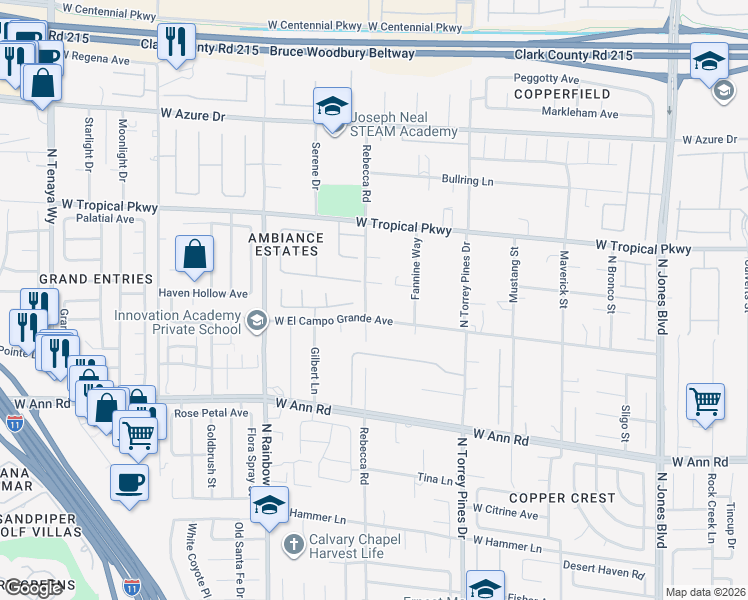 map of restaurants, bars, coffee shops, grocery stores, and more near 5841 Rebecca Road in Las Vegas