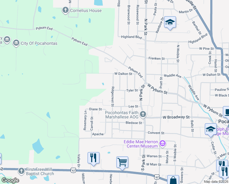 map of restaurants, bars, coffee shops, grocery stores, and more near 1000 Ridgecrest Street in Pocahontas