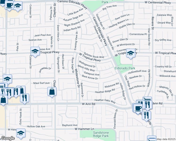 map of restaurants, bars, coffee shops, grocery stores, and more near 1683 Black Hills Way in North Las Vegas