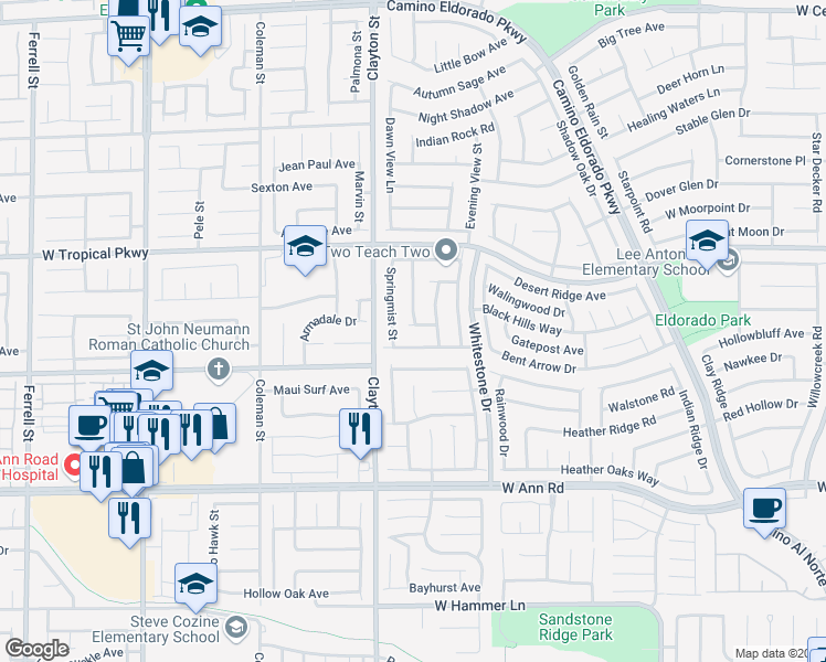 map of restaurants, bars, coffee shops, grocery stores, and more near 5846 Springmist Street in North Las Vegas
