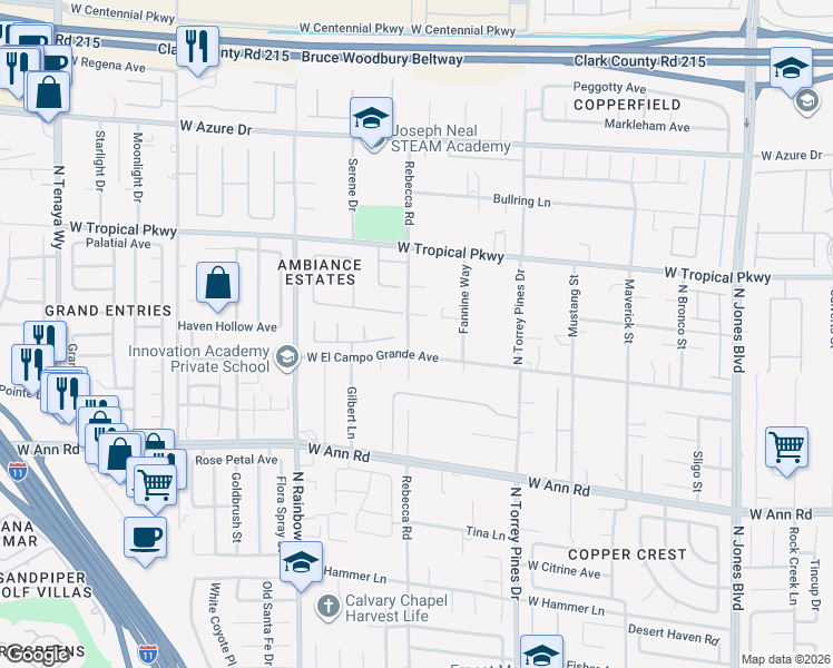 map of restaurants, bars, coffee shops, grocery stores, and more near 5841 Rebecca Road in Las Vegas
