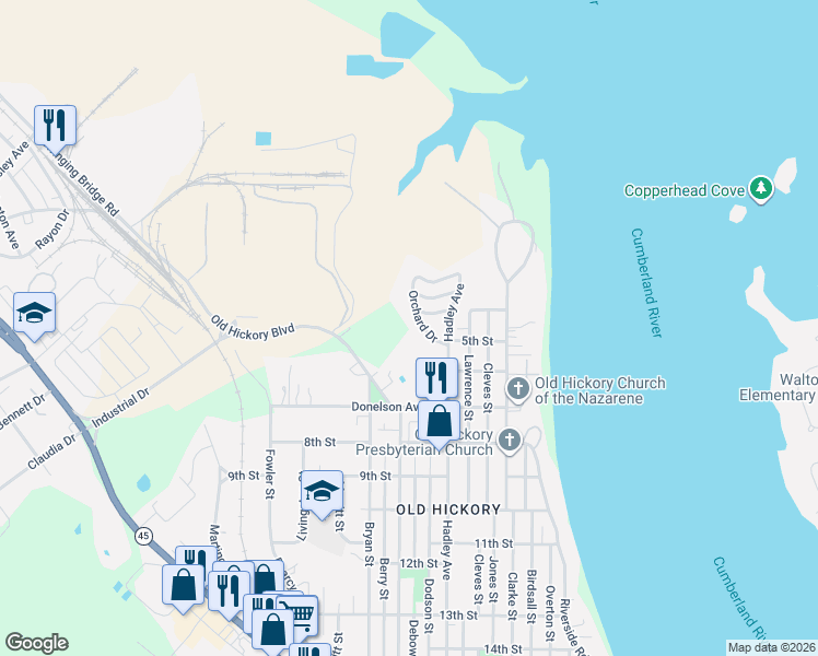 map of restaurants, bars, coffee shops, grocery stores, and more near 118 Orchard Drive in Nashville