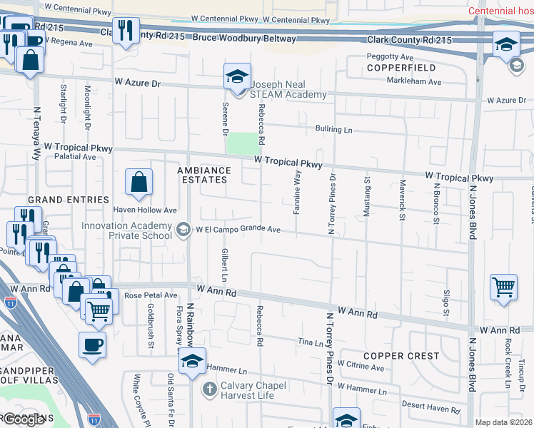 map of restaurants, bars, coffee shops, grocery stores, and more near 5831 Rebecca Road in Las Vegas