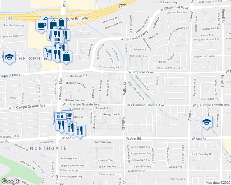 map of restaurants, bars, coffee shops, grocery stores, and more near 5855 Valley Drive in North Las Vegas