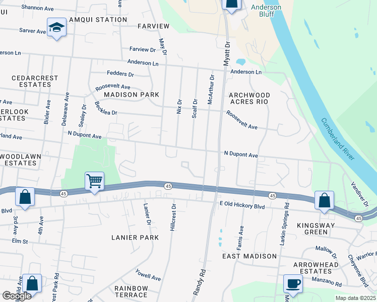map of restaurants, bars, coffee shops, grocery stores, and more near 164 Scalf Drive in Nashville