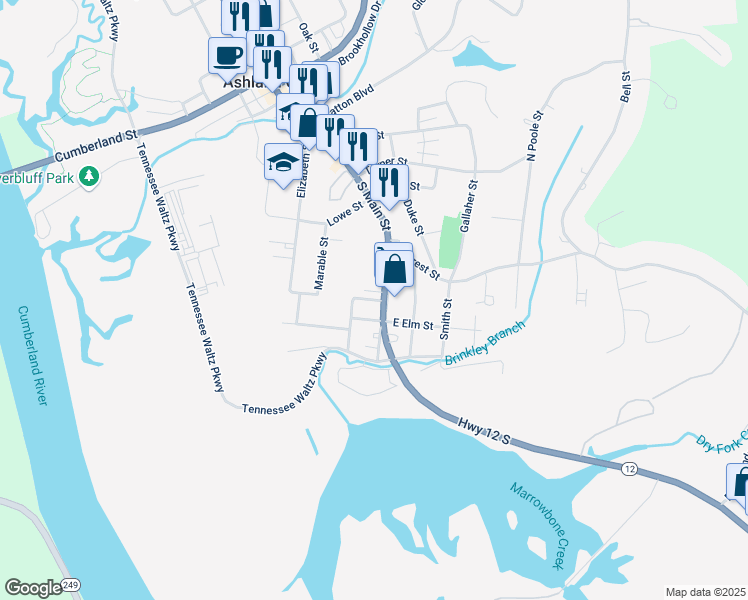 map of restaurants, bars, coffee shops, grocery stores, and more near 105 Hale St in Ashland City