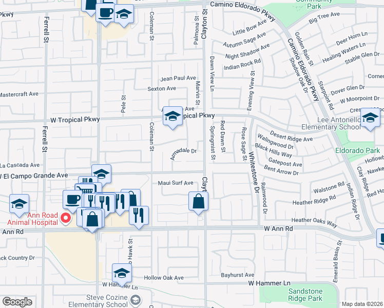 map of restaurants, bars, coffee shops, grocery stores, and more near 5904 Whitebridge Street in North Las Vegas