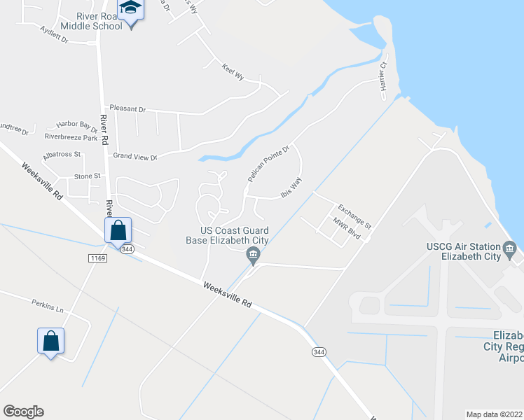 map of restaurants, bars, coffee shops, grocery stores, and more near 200 Ibis Way in Elizabeth City