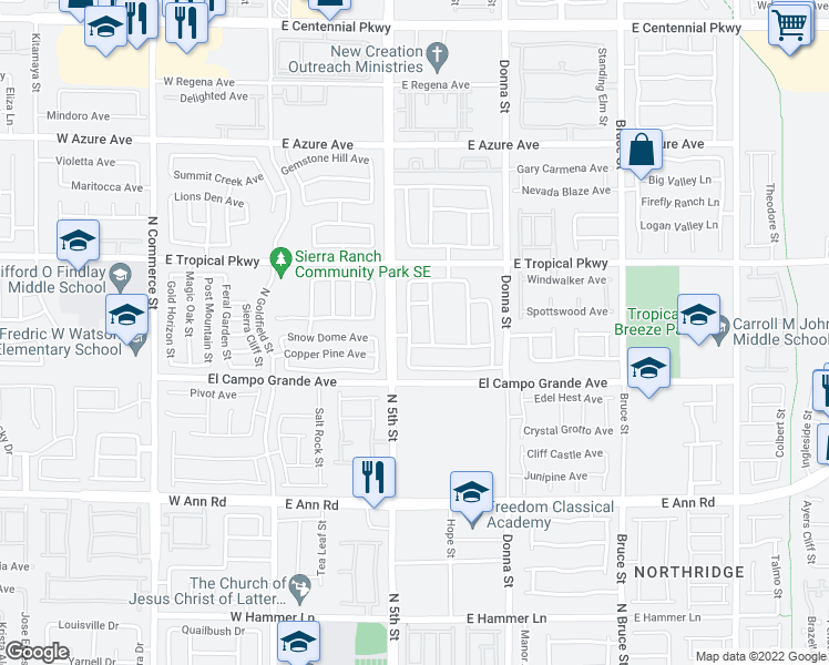 map of restaurants, bars, coffee shops, grocery stores, and more near 5842 North Buckwood Mote Street in North Las Vegas