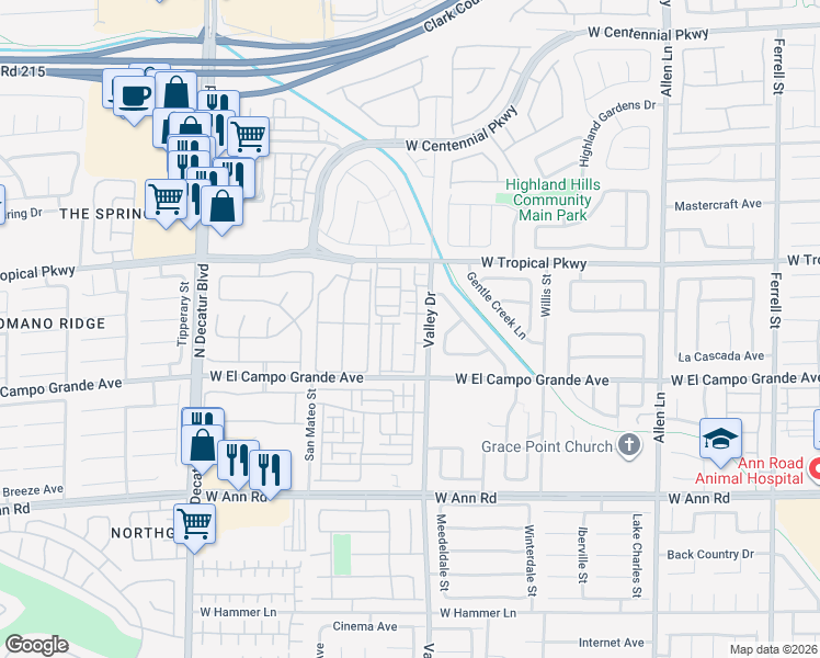 map of restaurants, bars, coffee shops, grocery stores, and more near 5855 Valley Drive in North Las Vegas
