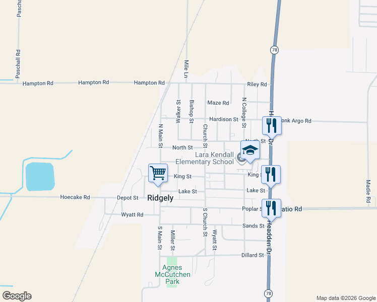 map of restaurants, bars, coffee shops, grocery stores, and more near 213 North Street in Ridgely