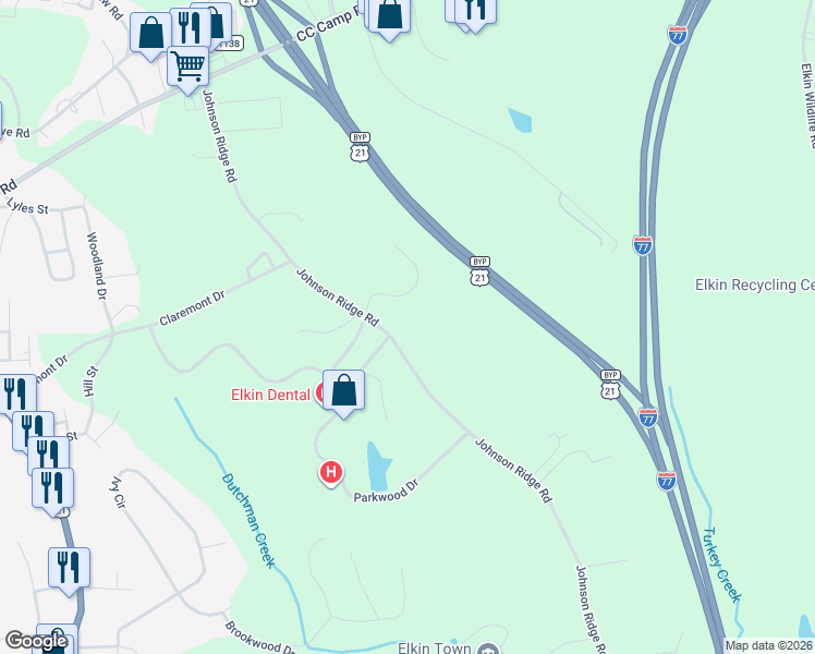 map of restaurants, bars, coffee shops, grocery stores, and more near 652 Johnson Ridge Road in Elkin