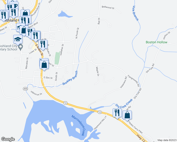 map of restaurants, bars, coffee shops, grocery stores, and more near 109 Oliver Street in Ashland City