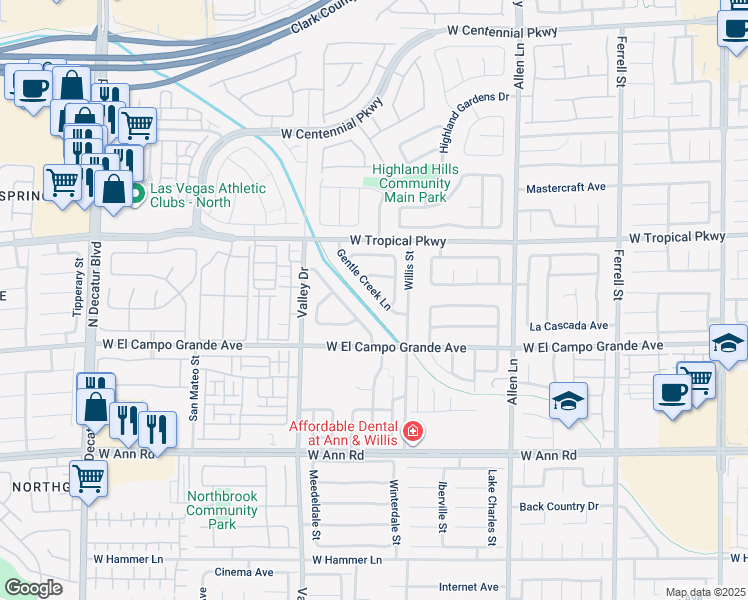 map of restaurants, bars, coffee shops, grocery stores, and more near 5845 Gentle Creek Lane in North Las Vegas